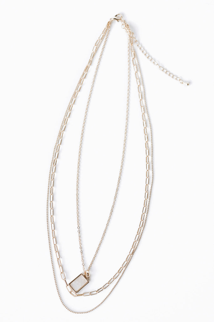 PEARLED RECTANGLE CHARM LAYERED NECKLACE