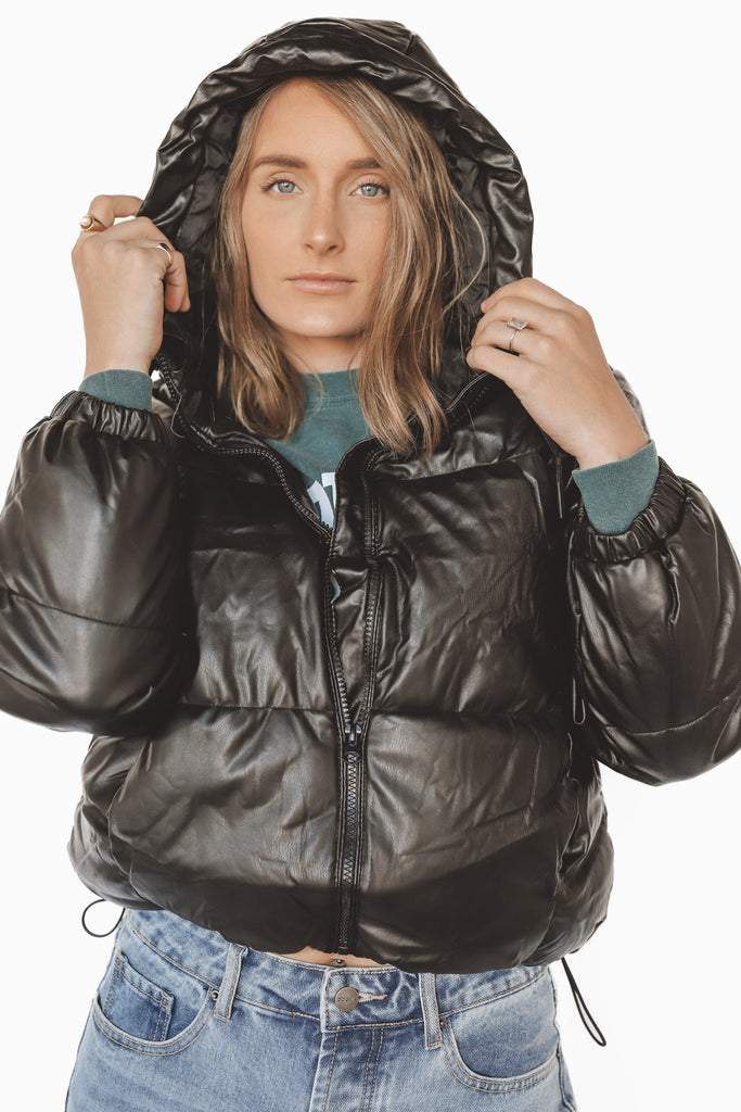 SIGNATURE HOODED LEATHER PUFFER JACKET