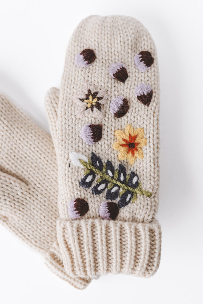 HAND-STITCHED FLORAL PATTERN KNIT MITTENS