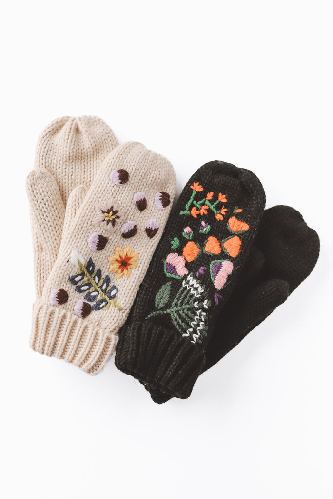 HAND-STITCHED FLORAL PATTERN KNIT MITTENS