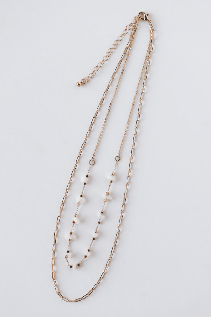 LAYERED CHAIN STONE BEAD NECKLACE