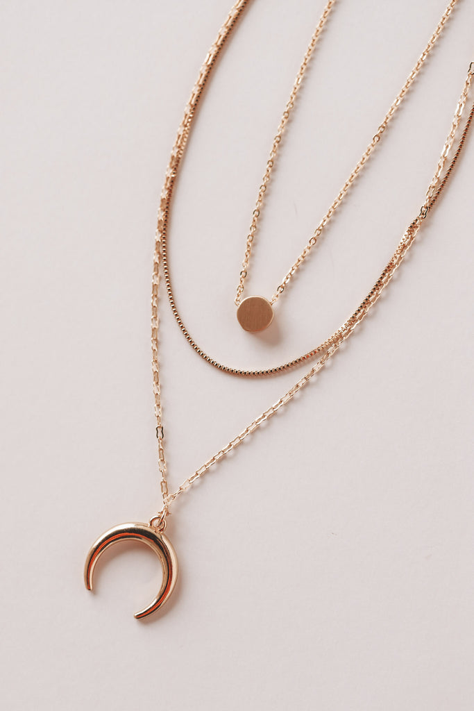LAYERED CRESCENT + DISC CHARM NECKLACE